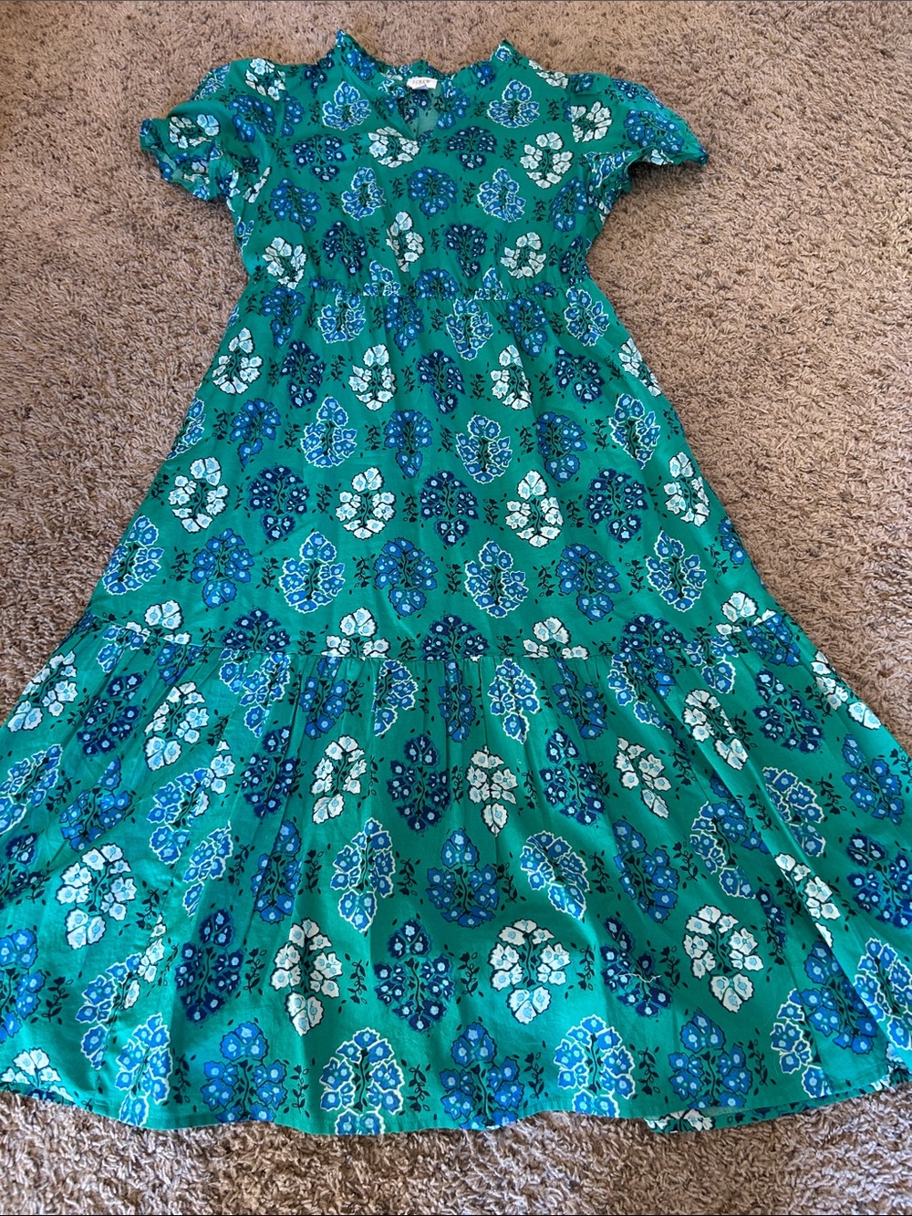 J. Crew Green Floral Tiered Casual Dress with Blue Accents